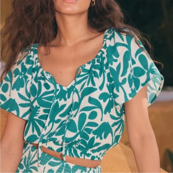 Marine Layer Tiana Cropped Blouse Spruce Flora XS NWT - Picture 8 of 8